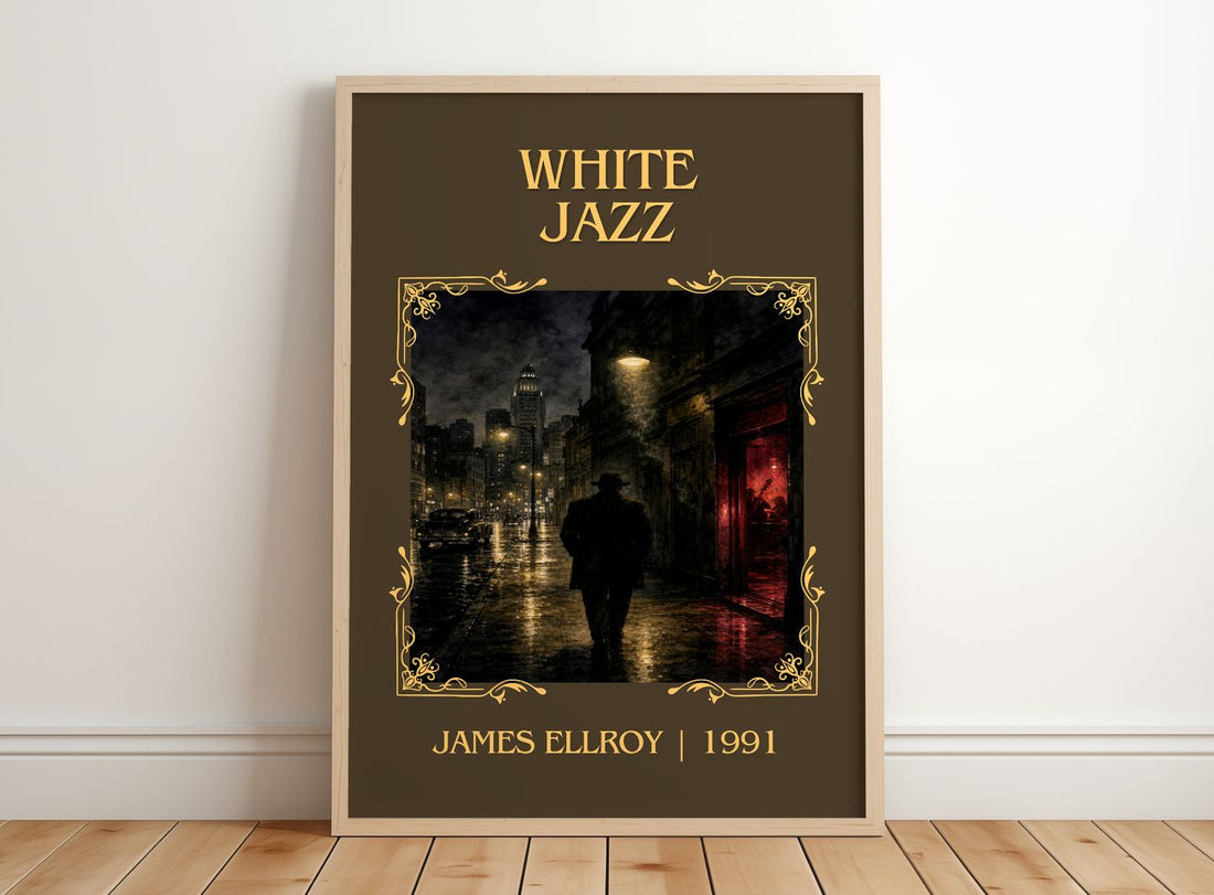 White Jazz Classic Book Art Print by James Ellroy – framed print leaning on a wooden floor