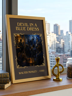 Devil in a Blue Dress Classic Book Art Print by Walter Mosley – framed print on a city-view windowsill