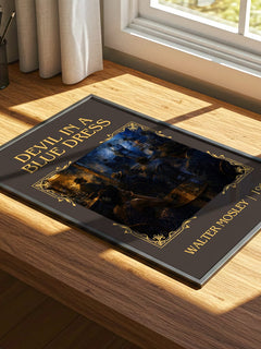 Devil in a Blue Dress Classic Book Art Print by Walter Mosley – print on a sunlit desk