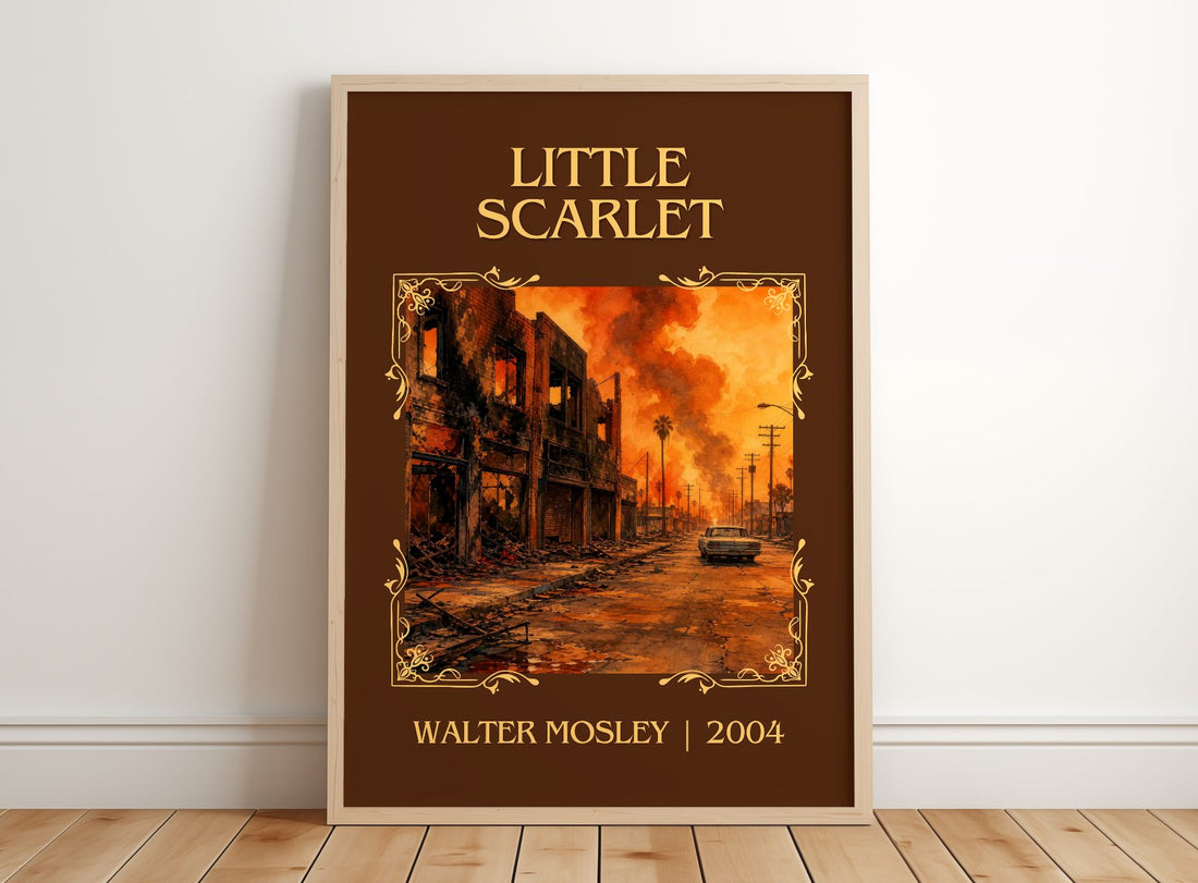 Little Scarlet Classic Book Art Print by Walter Mosley – framed print leaning on a wooden floor