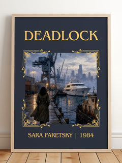 Deadlock Classic Book Art Print by Sara Paretsky – framed print leaning on a wooden floor