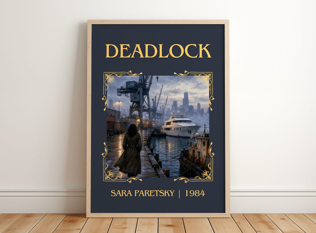 Deadlock Classic Book Art Print by Sara Paretsky – framed print leaning on a wooden floor