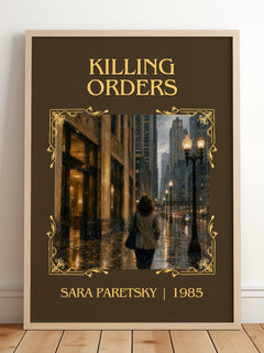 Killing Orders Classic Book Art Print by Sara Paretsky – framed print leaning on a wooden floor