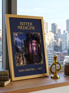 Bitter Medicine Classic Book Art Print by Sara Paretsky – framed print on a city-view windowsill
