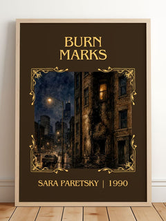 Burn Marks Classic Book Art Print by Sara Paretsky – framed print leaning on a wooden floor