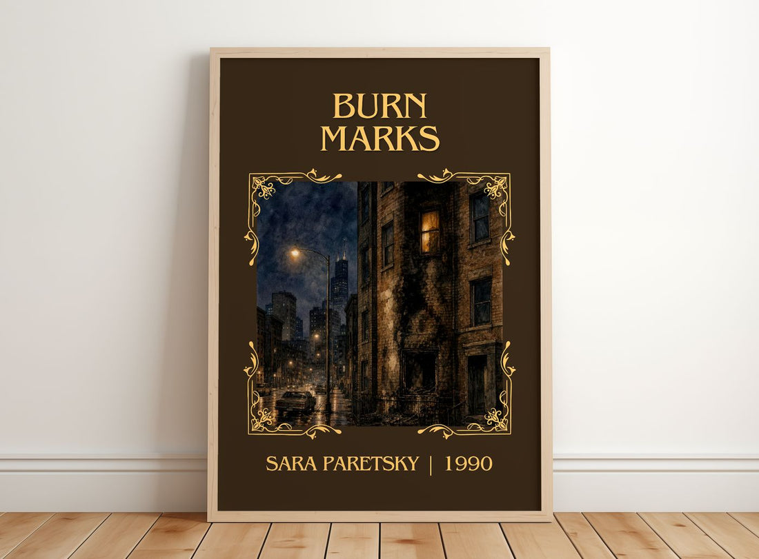Burn Marks Classic Book Art Print by Sara Paretsky – framed print leaning on a wooden floor