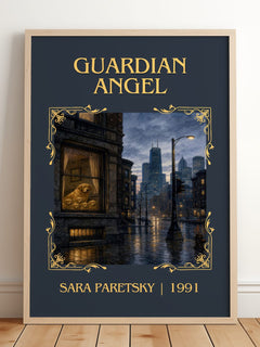 Guardian Angel Classic Book Art Print by Sara Paretsky – framed print leaning on a wooden floor