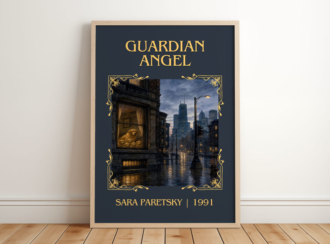Guardian Angel Classic Book Art Print by Sara Paretsky – framed print leaning on a wooden floor