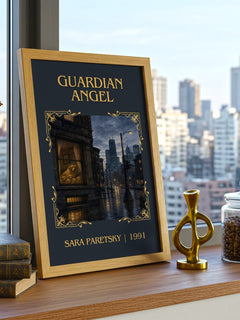Guardian Angel Classic Book Art Print by Sara Paretsky – framed print on a city-view windowsill