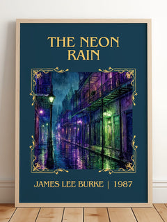 The Neon Rain Classic Book Art Print by James Lee Burke – framed print leaning on a wooden floor