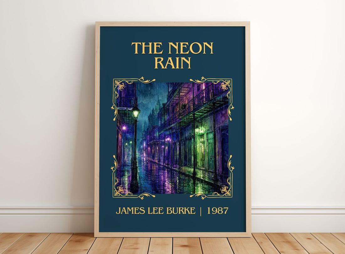 The Neon Rain Classic Book Art Print by James Lee Burke – framed print leaning on a wooden floor