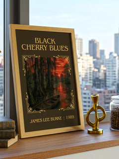 Black Cherry Blues Classic Book Art Print by James Lee Burke – framed print on a city-view windowsill
