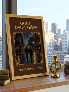 Gone, Baby, Gone Classic Book Art Print by Dennis Lehane – framed print on a city-view windowsill