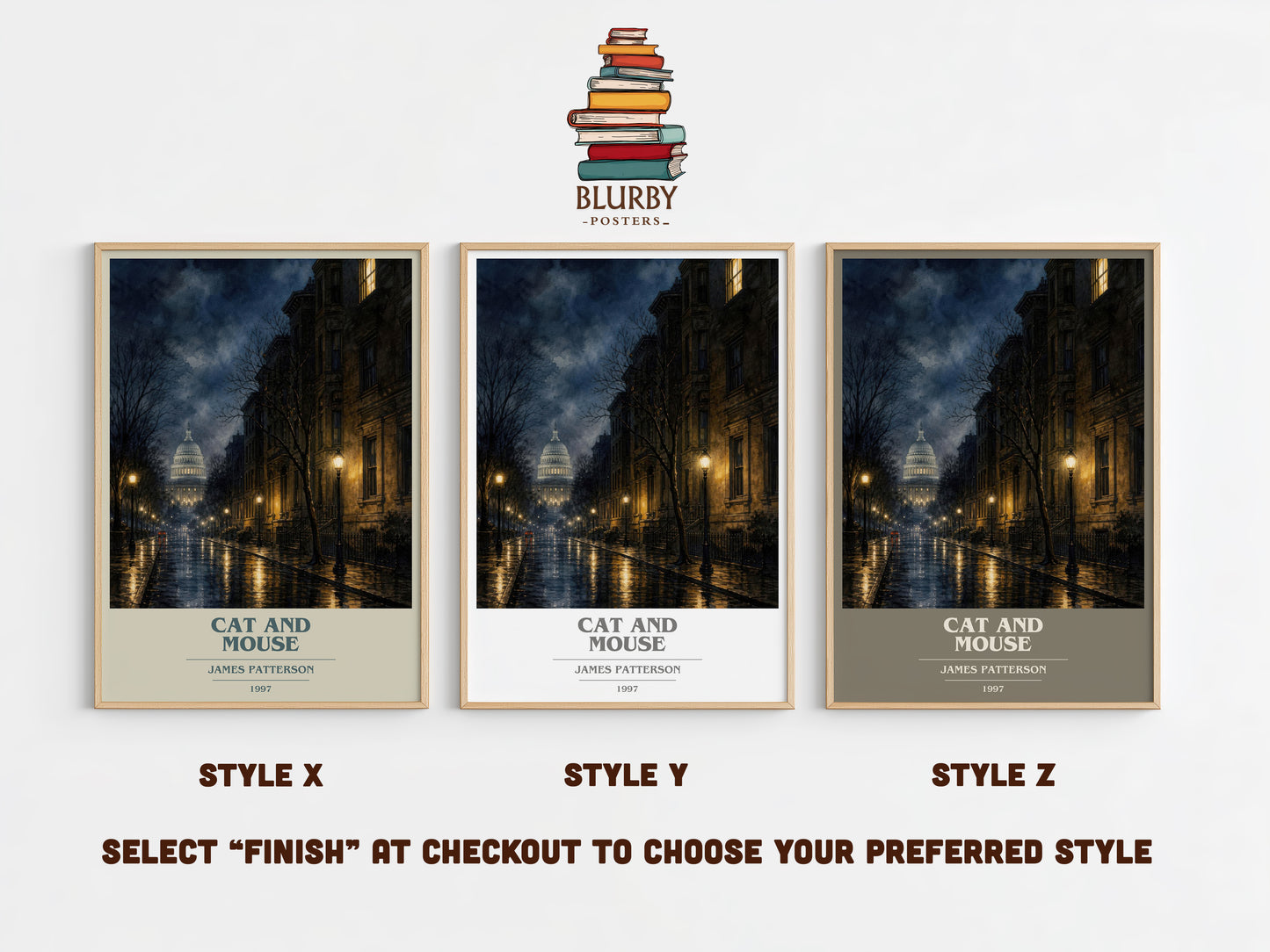 Cat And Mouse book cover print in frame leaning in hallway – thriller wall art