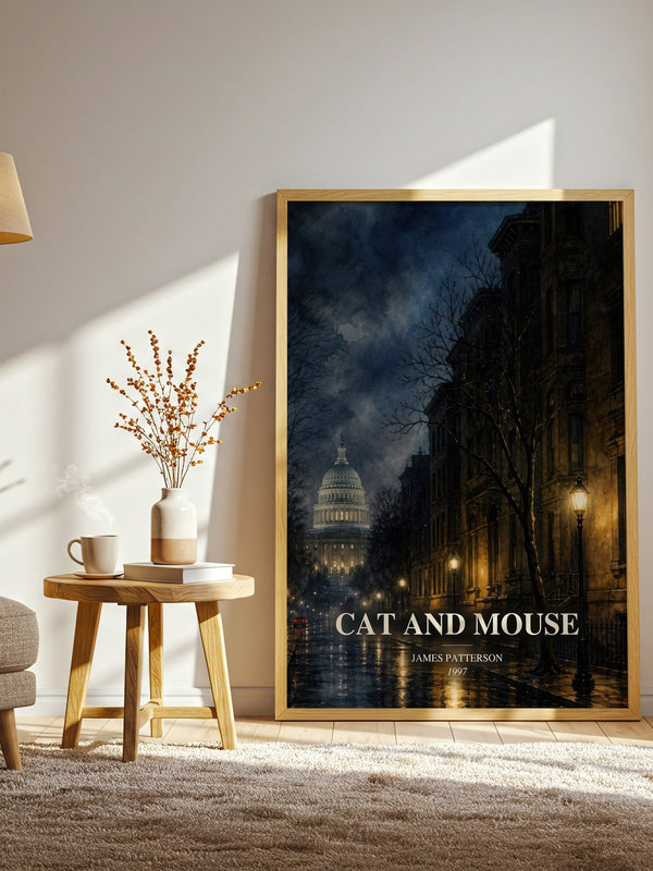 Cat And Mouse watercolour print in frame leaning in hallway – thriller wall art