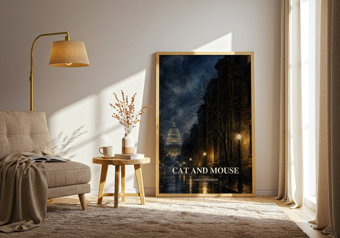 Cat And Mouse watercolour print in frame leaning in hallway – thriller wall art (mockup)