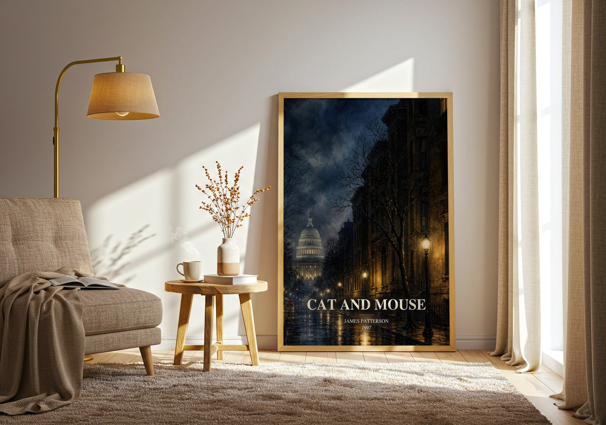 Cat And Mouse watercolour print in frame leaning in hallway – thriller wall art