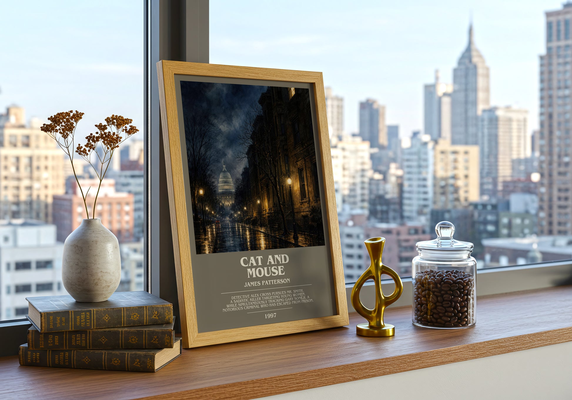 Cat And Mouse bookish print framed by window – literary home decor