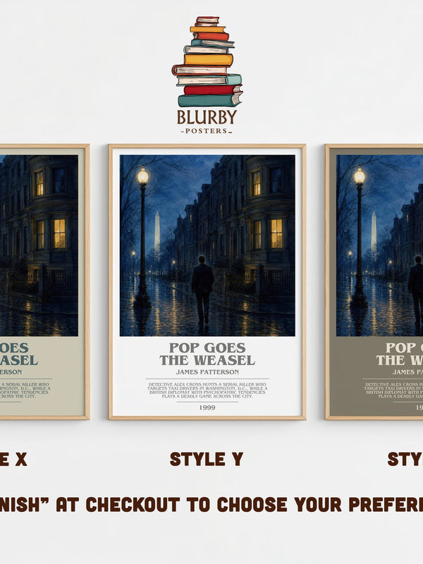 Pop Goes The Weasel bookish print in frame leaning in hallway – thriller wall art