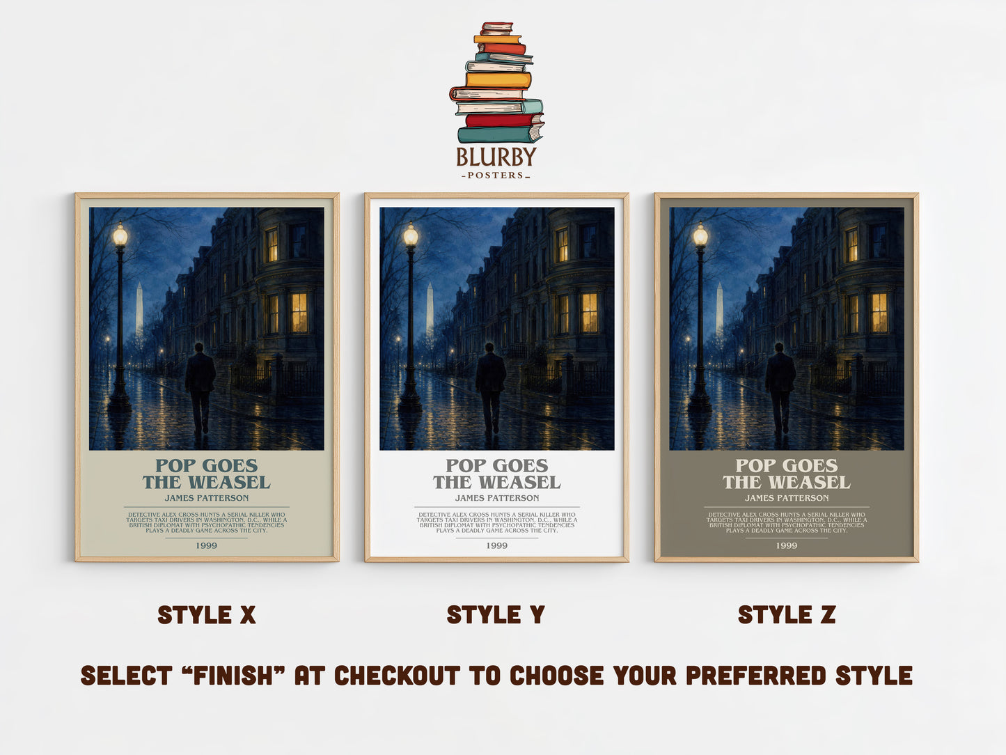 Pop Goes The Weasel bookish print in frame leaning in hallway – thriller wall art