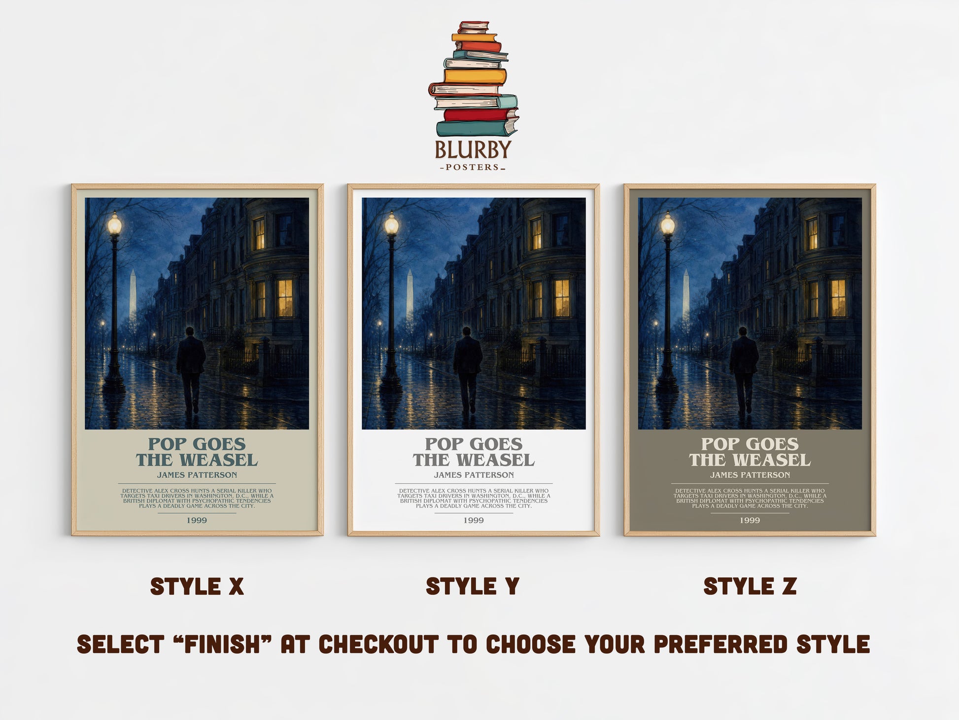 Pop Goes The Weasel bookish print in frame leaning in hallway – thriller wall art