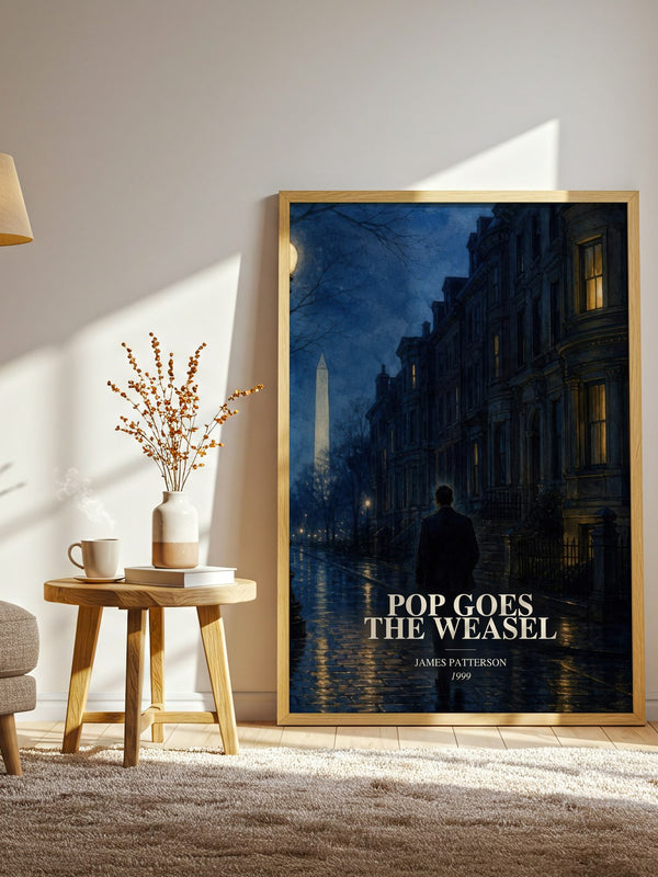 Pop Goes The Weasel watercolour print in frame leaning in hallway – thriller wall art