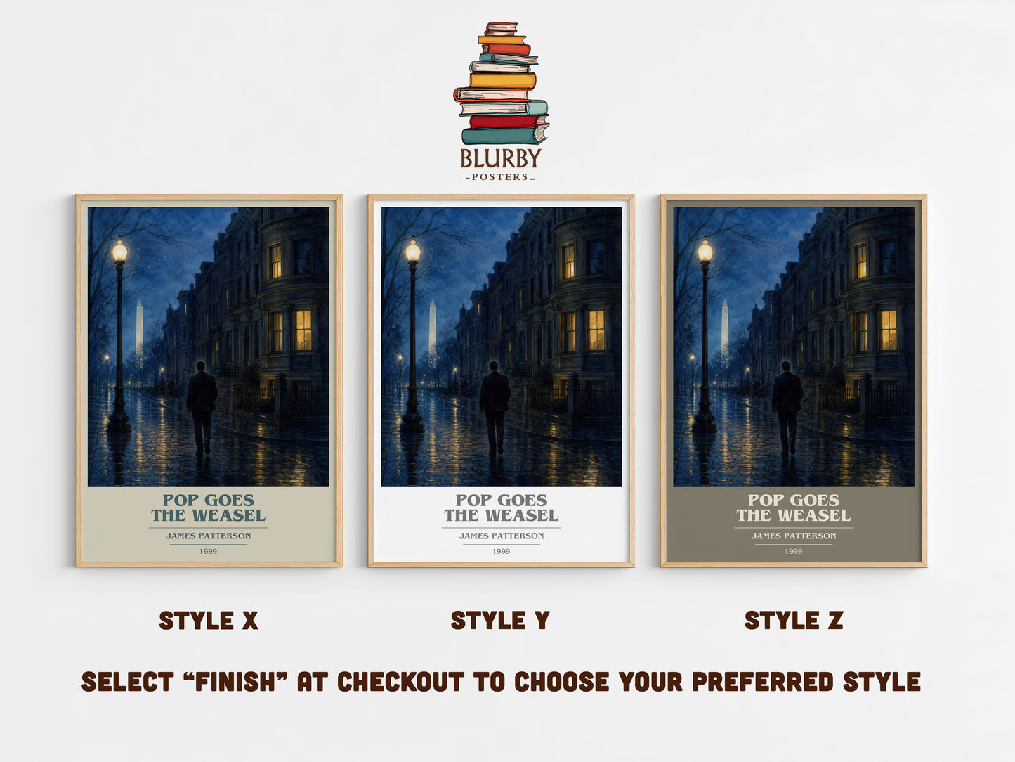 Pop Goes The Weasel book cover print in frame leaning in hallway – thriller wall art
