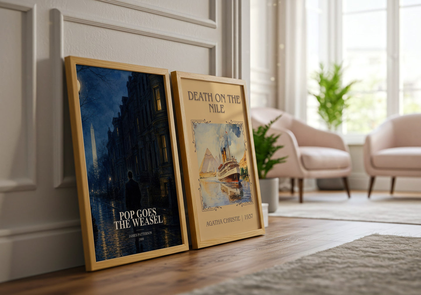 Pop Goes The Weasel watercolour print framed by window – literary home decor