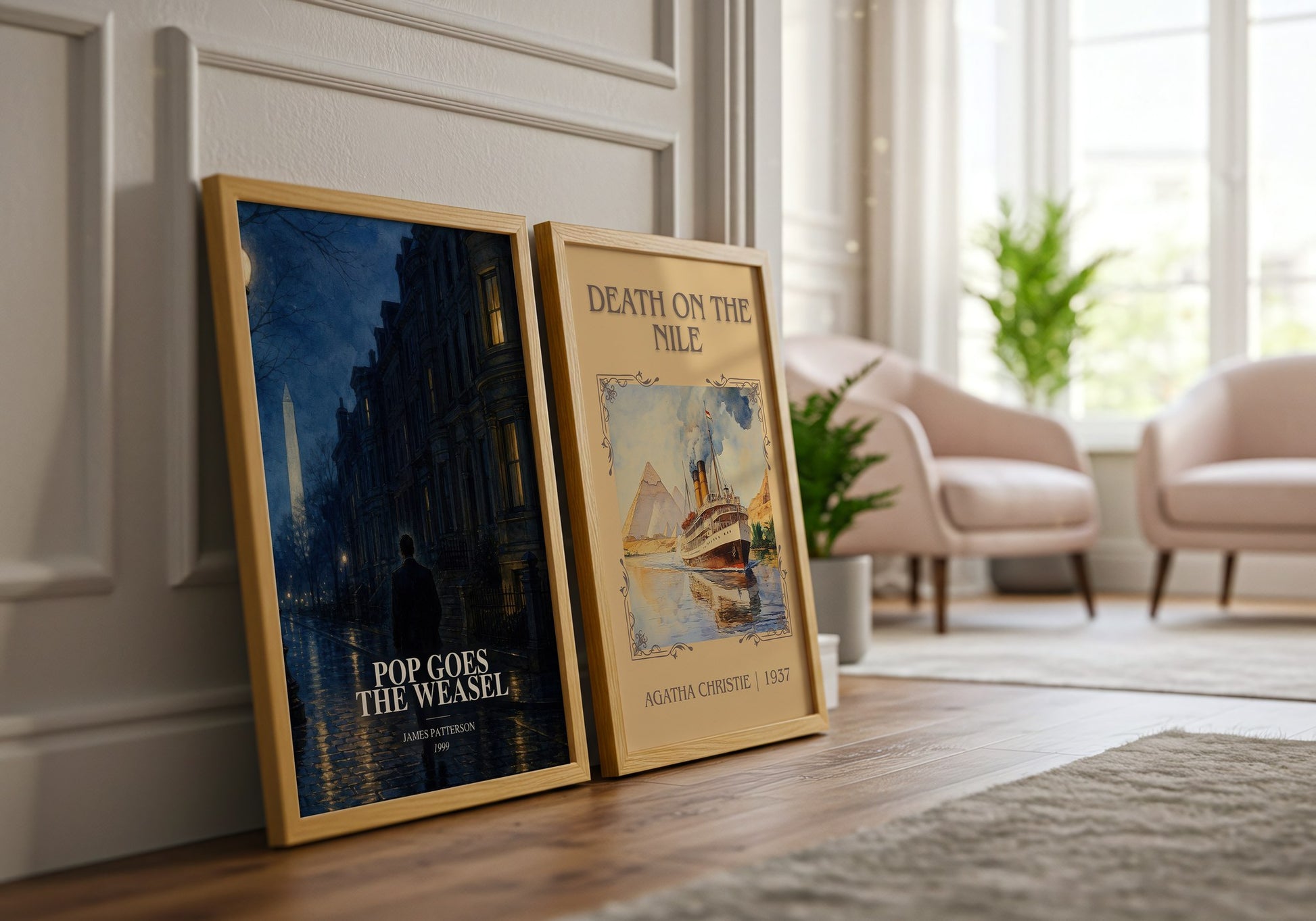 Pop Goes The Weasel watercolour print framed by window – literary home decor