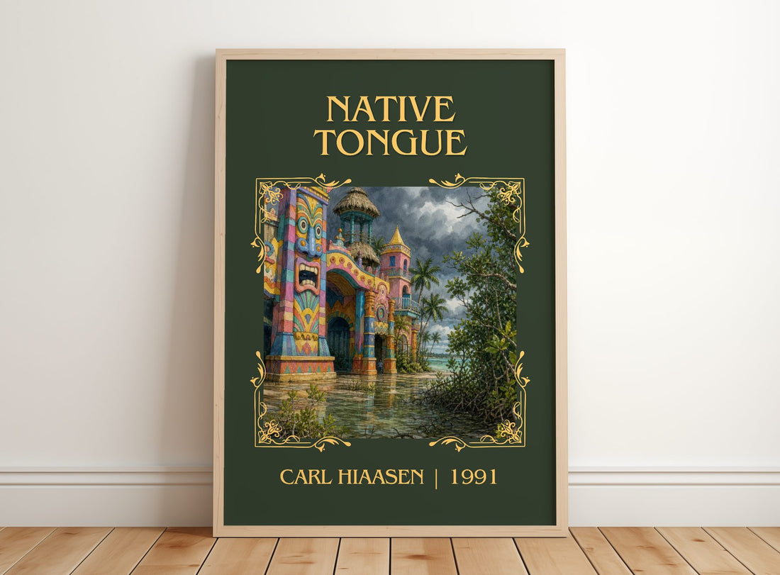 Native Tongue Classic Book Art Print by Carl Hiaasen – framed print leaning on a wooden floor
