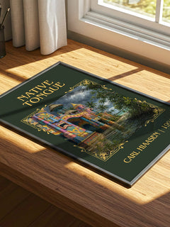 Native Tongue Classic Book Art Print by Carl Hiaasen – print on a sunlit desk