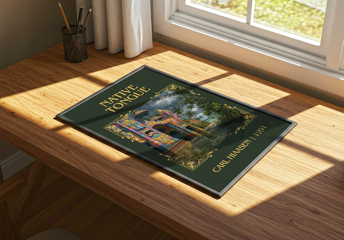 Native Tongue Classic Book Art Print by Carl Hiaasen – print on a sunlit desk
