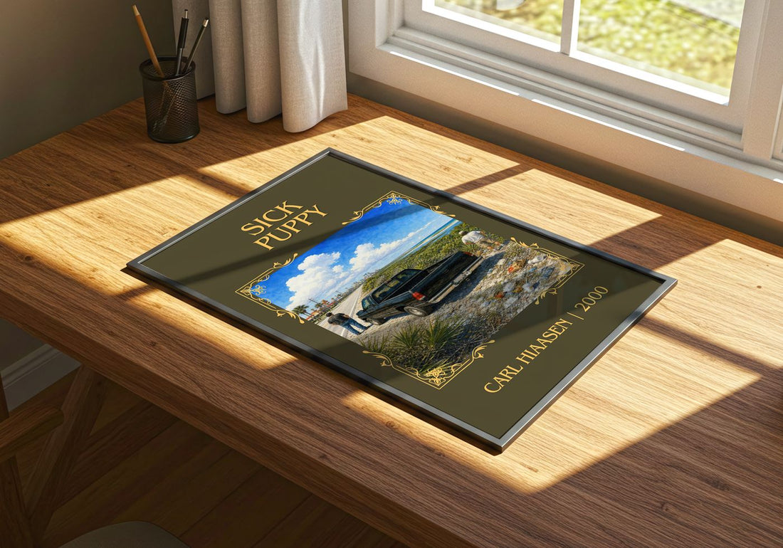 Sick Puppy Classic Book Art Print by Carl Hiaasen – print on a sunlit desk