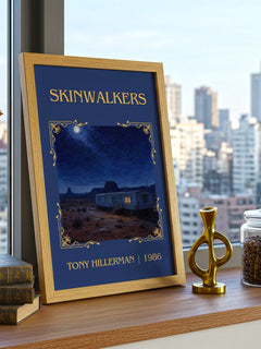 Skinwalkers Classic Book Art Print by Tony Hillerman – framed print on a city-view windowsill