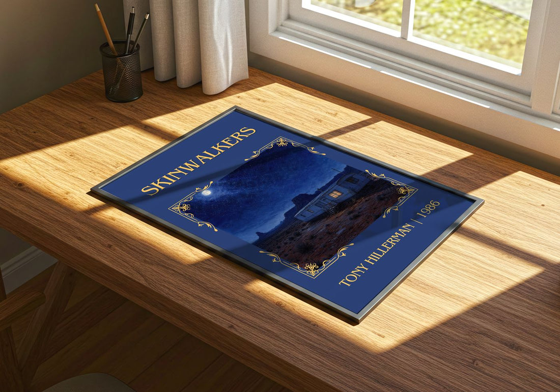 Skinwalkers Classic Book Art Print by Tony Hillerman – print on a sunlit desk