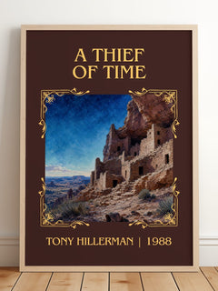 A Thief of Time Classic Book Art Print by Tony Hillerman – framed print leaning on a wooden floor