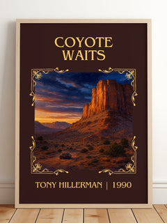 Coyote Waits Classic Book Art Print by Tony Hillerman – framed print leaning on a wooden floor