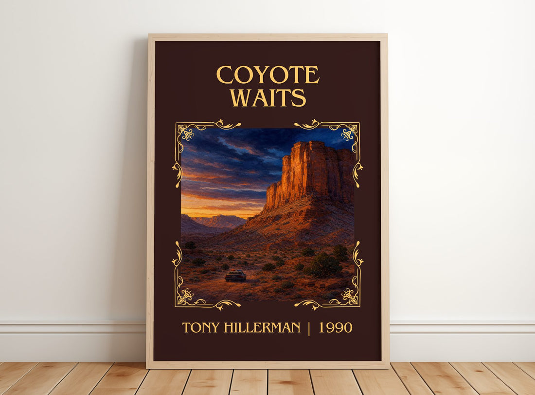 Coyote Waits Classic Book Art Print by Tony Hillerman – framed print leaning on a wooden floor