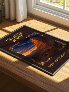 Coyote Waits Classic Book Art Print by Tony Hillerman – print on a sunlit desk