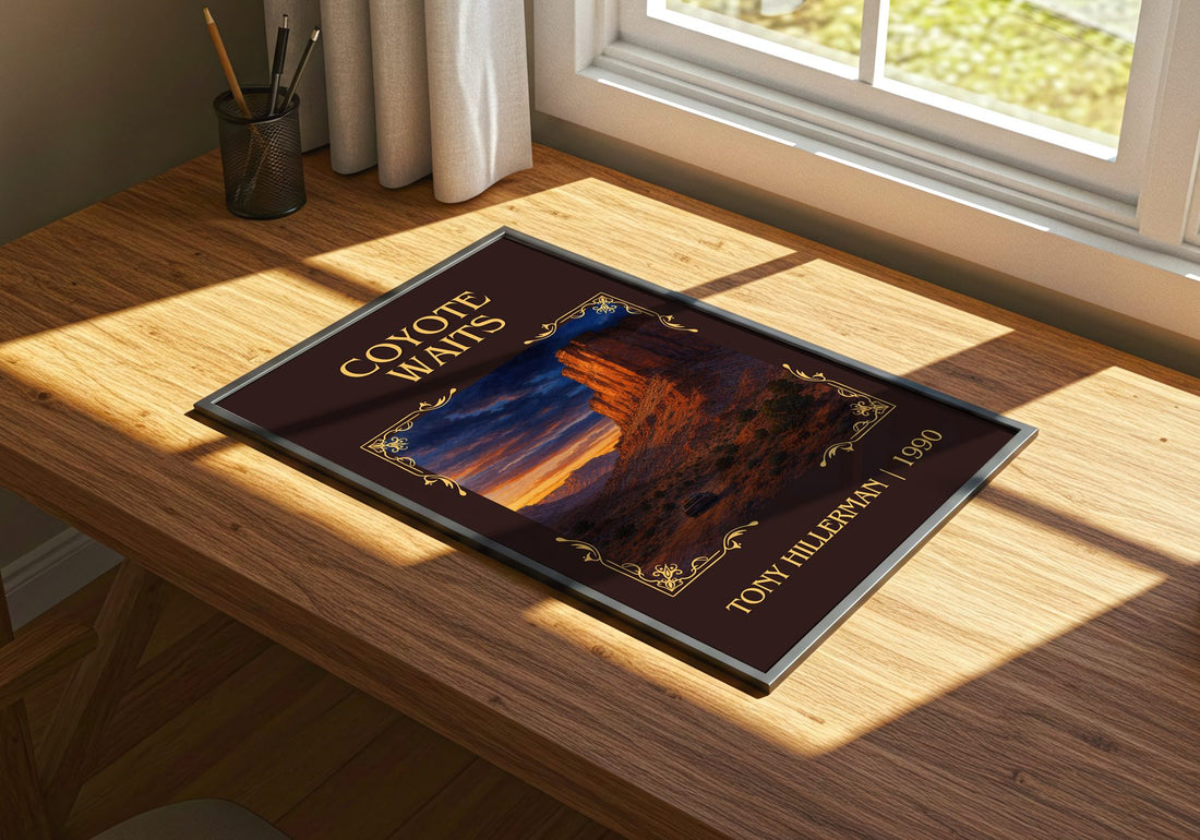 Coyote Waits Classic Book Art Print by Tony Hillerman – print on a sunlit desk