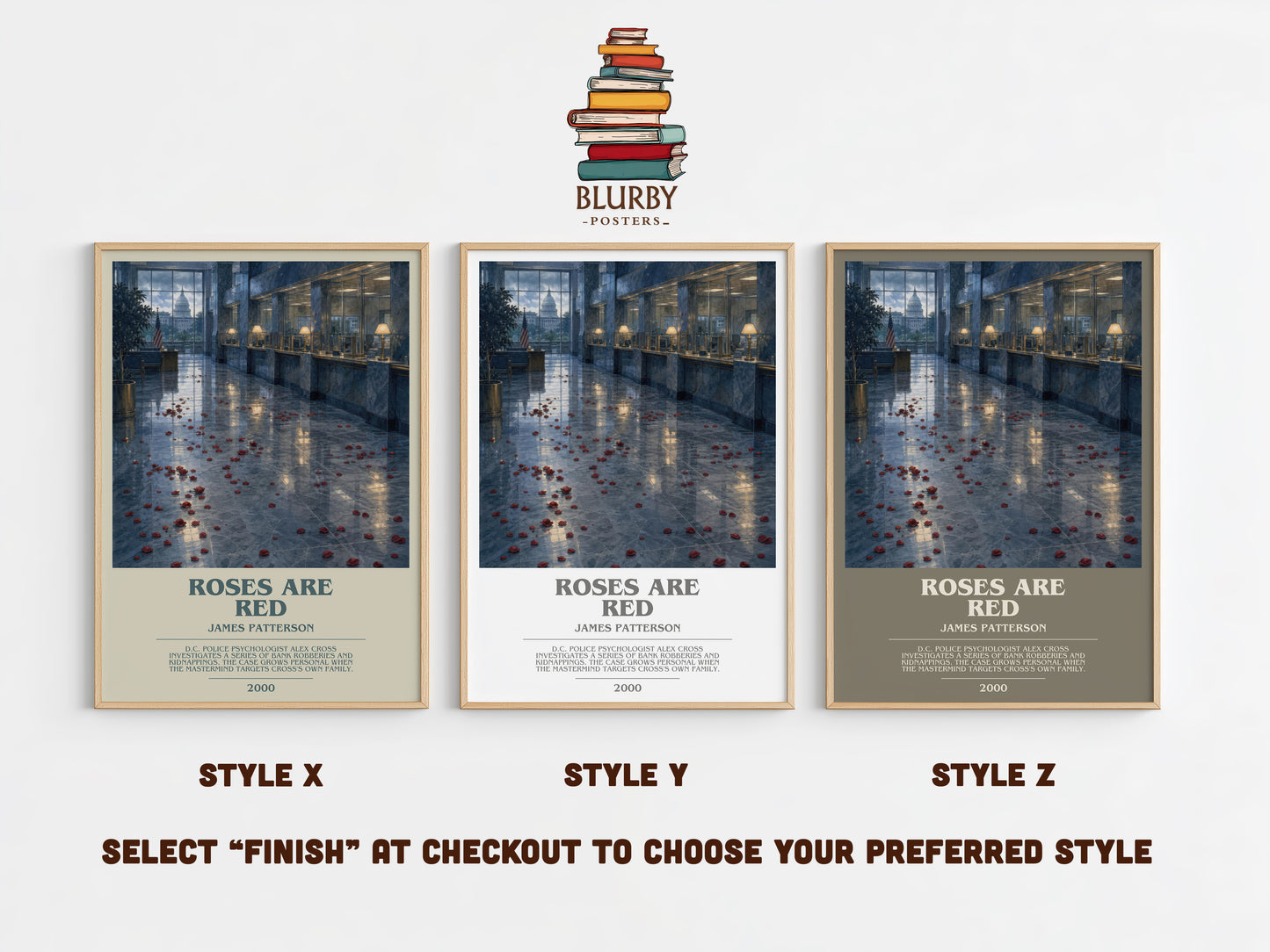 Roses Are Red bookish print in frame leaning in hallway – thriller wall art