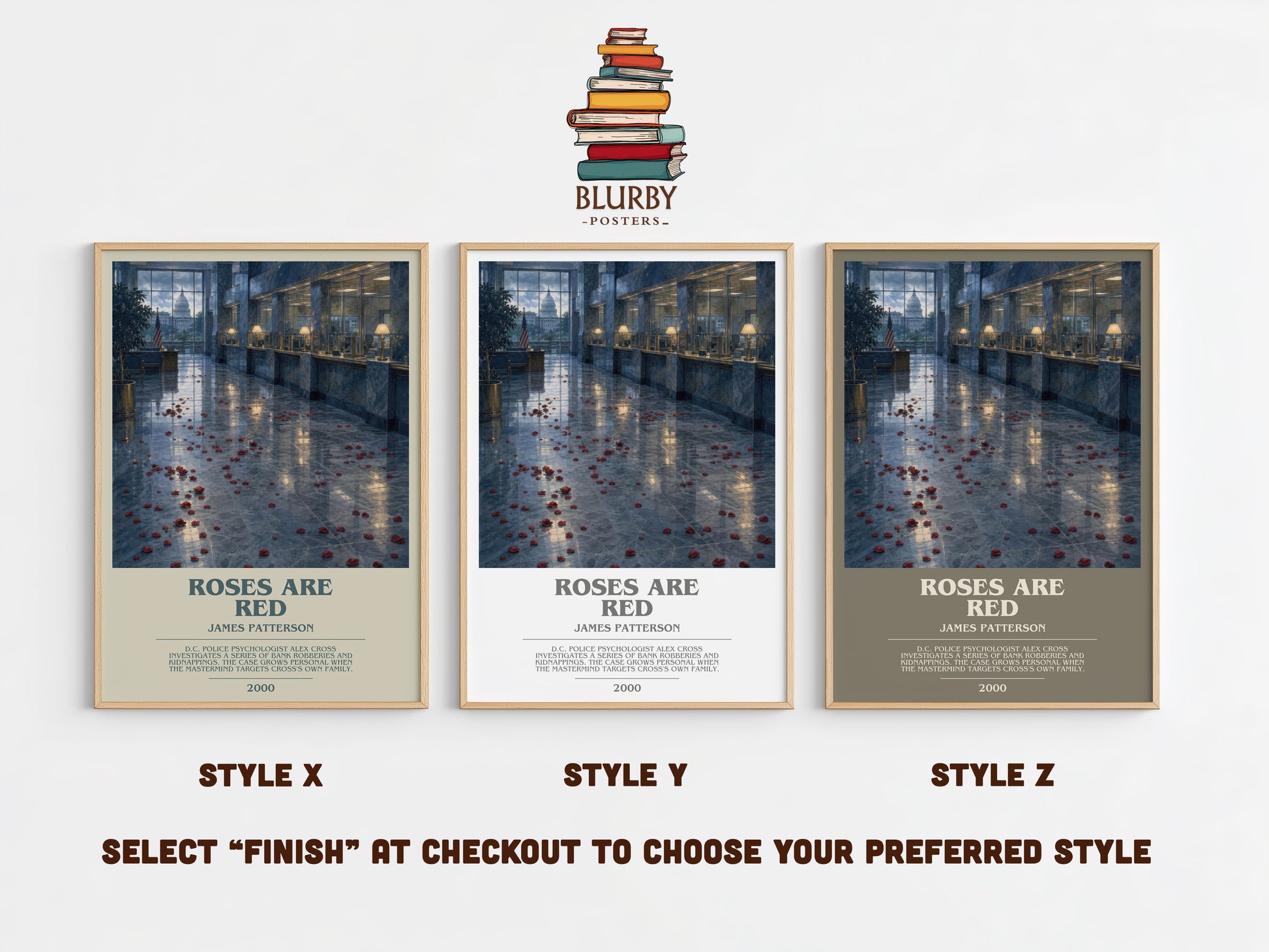 Roses Are Red bookish print in frame leaning in hallway – thriller wall art