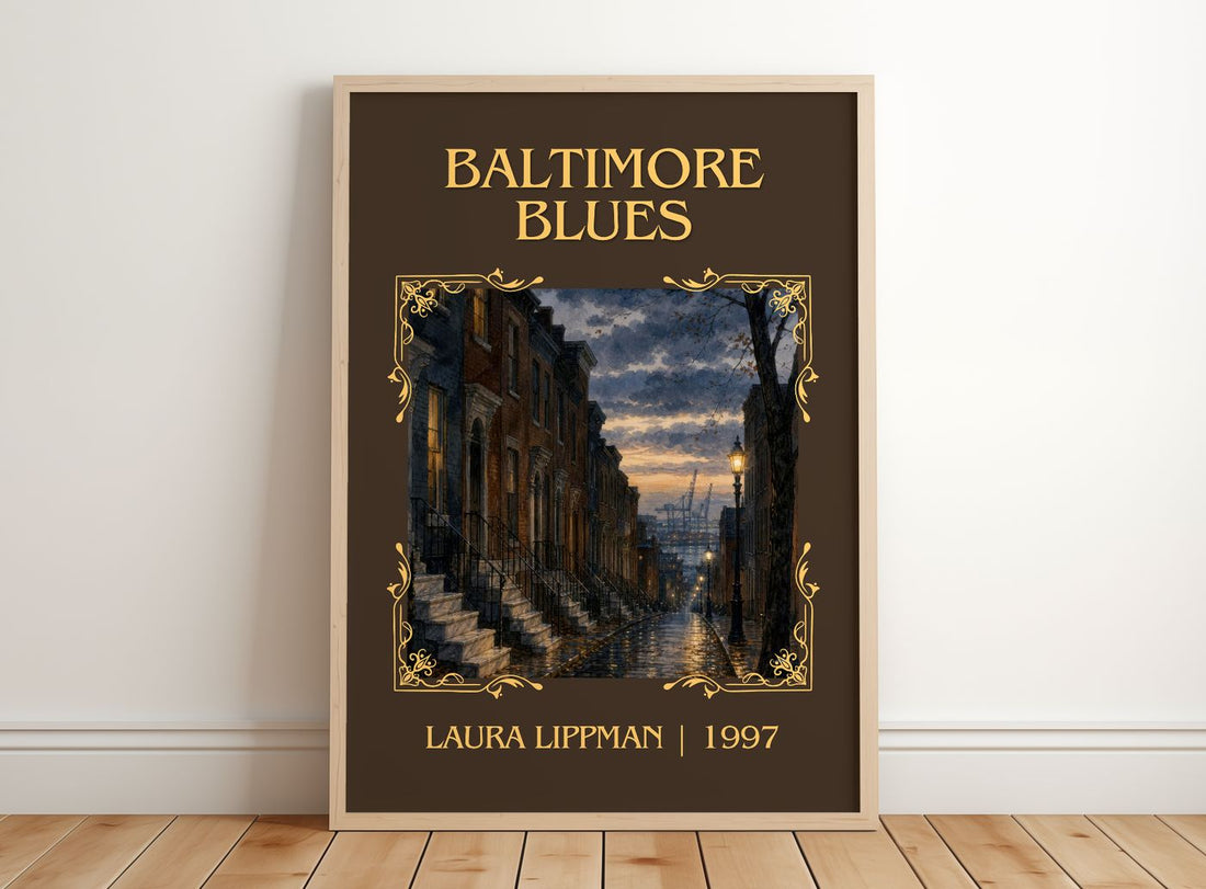 Baltimore Blues Classic Book Art Print by Laura Lippman – framed print leaning on a wooden floor