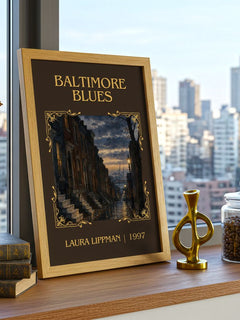 Baltimore Blues Classic Book Art Print by Laura Lippman – framed print on a city-view windowsill