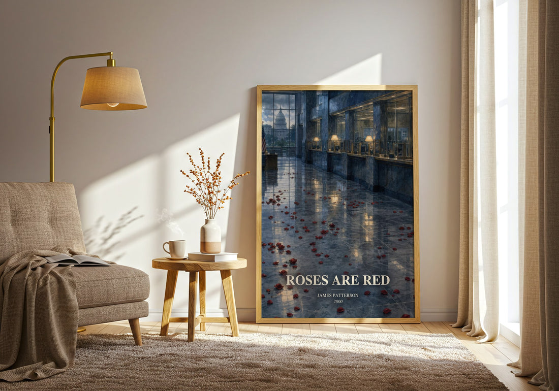 Roses Are Red watercolour print in frame leaning in hallway – thriller wall art (mockup)