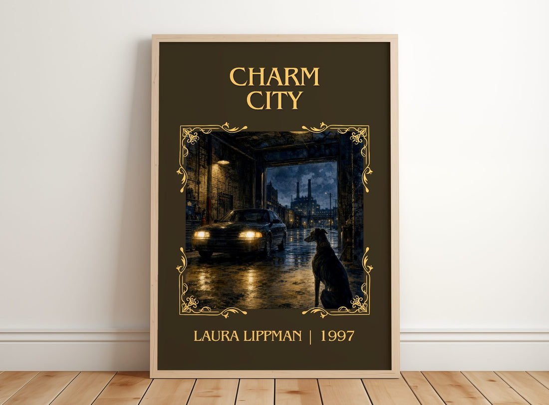 Charm City Classic Book Art Print by Laura Lippman – framed print leaning on a wooden floor