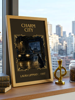 Charm City Classic Book Art Print by Laura Lippman – framed print on a city-view windowsill