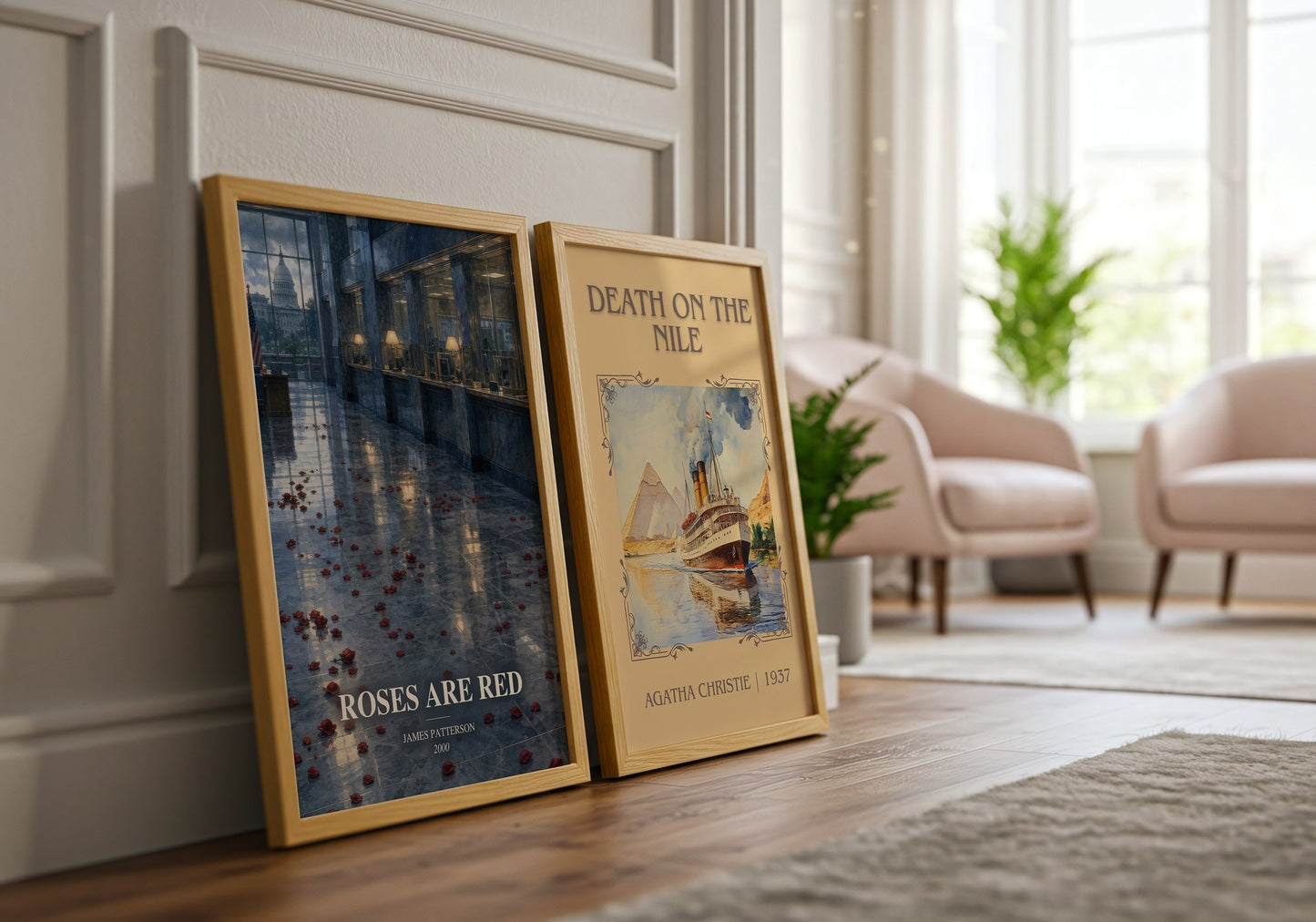 Roses Are Red watercolour print framed by window – literary home decor