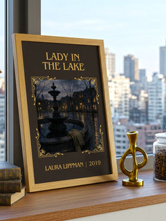 Lady in the Lake Classic Book Art Print by Laura Lippman – framed print on a city-view windowsill