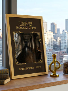 Silent World of Nicholas Quinn Classic Book Art Print by Colin Dexter – framed print on a city-view windowsill